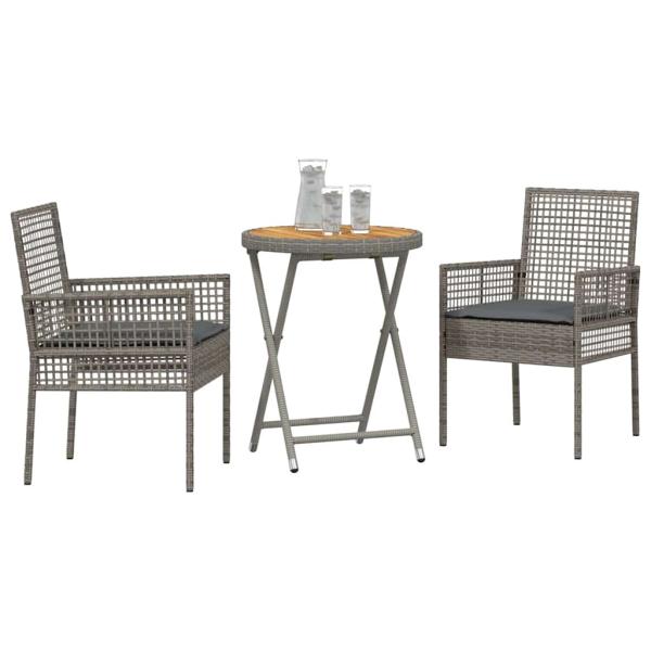 3-teiliges Garten Bistro Set mit Kissen Grau Poly Rattan
