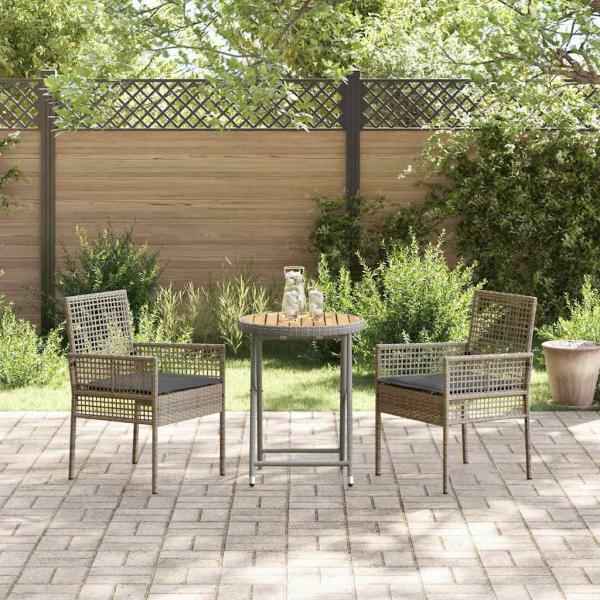 3-teiliges Garten Bistro Set mit Kissen Grau Poly Rattan