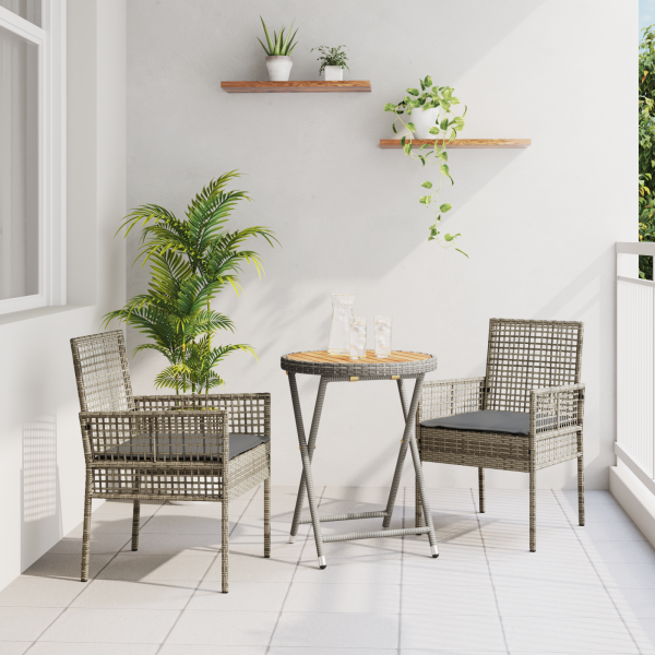 3-teiliges Garten Bistro Set mit Kissen Grau Poly Rattan