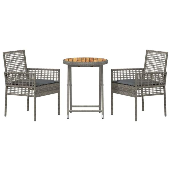 3-teiliges Garten Bistro Set mit Kissen Grau Poly Rattan