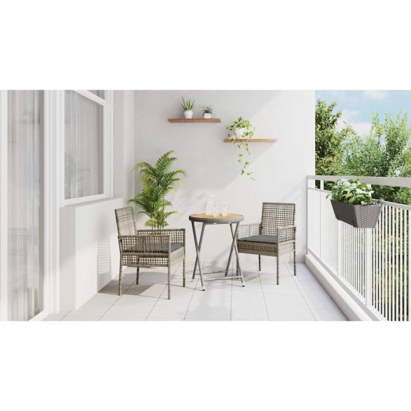 3-teiliges Garten Bistro Set mit Kissen Grau Poly Rattan