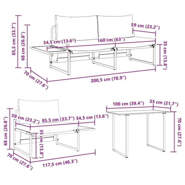 3-teiliges Garten-Esszimmer-Set mit hellgrauen Kissen