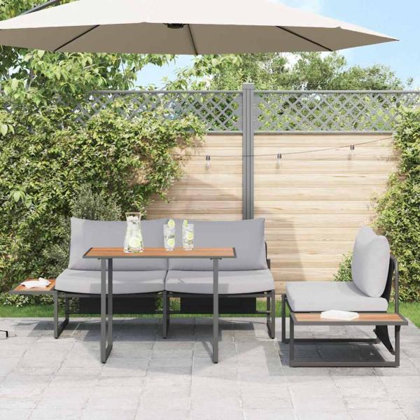 3-teiliges Garten-Esszimmer-Set mit hellgrauen Kissen