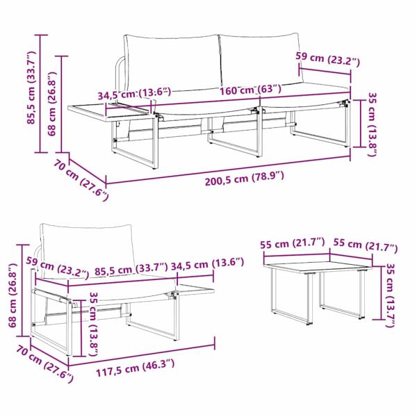 3-teiliges Garten-Sofa-Set mit hellgrauen Kissen