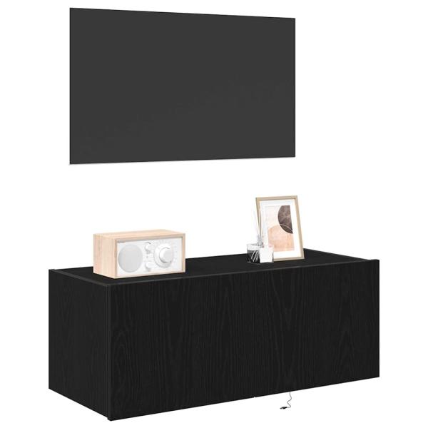 TV-Wandregal mit LED-Lichtern Schwarz Eiche 80x35x31 cm
