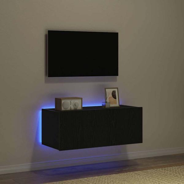 TV-Wandregal mit LED-Lichtern Schwarz Eiche 80x35x31 cm