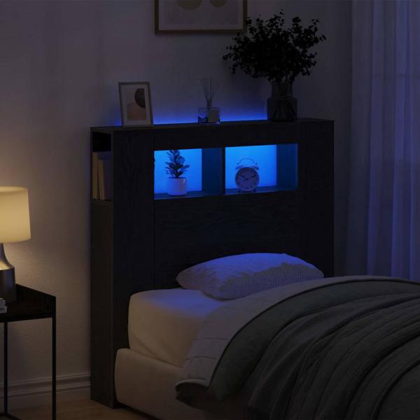 Stauraum-Kopfteil mit LED-Lichtern Schwarz Eiche 100x18,5x103,5 cm
