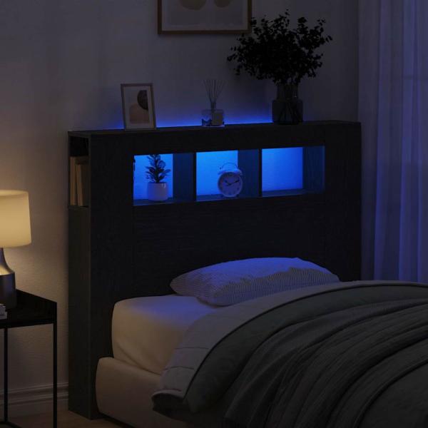 Stauraum-Kopfteil mit LED-Lichtern Schwarz Eiche 120x18,5x103,5 cm
