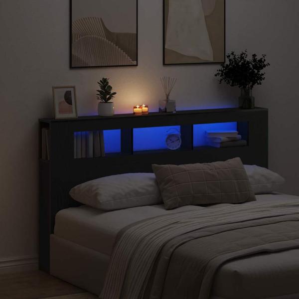 Stauraumkopflehne mit LED-Lichtern Schwarz Eiche 180x18,5x103,5 cm