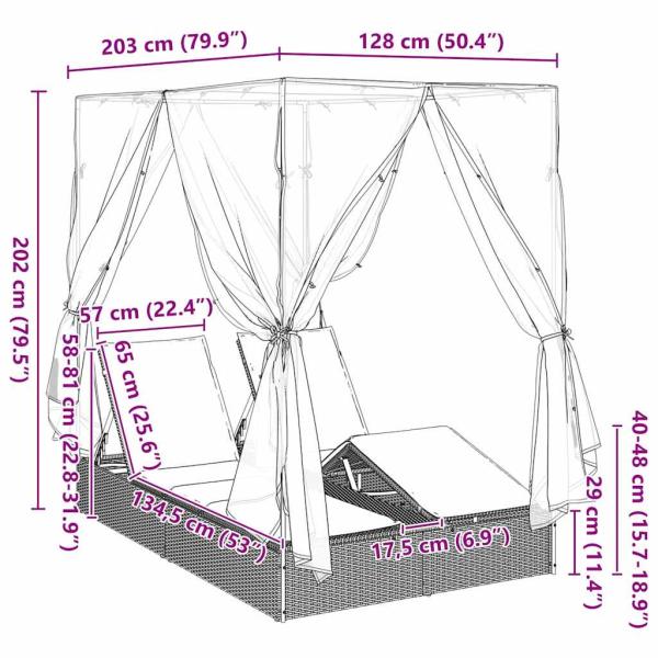Doppelliege mit Dach und Vorhängen Braun Poly Rattan