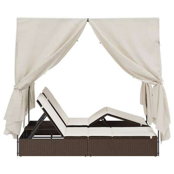 Doppelliege mit Dach und Vorhängen Braun Poly Rattan