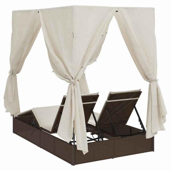 Doppelliege mit Dach und Vorhängen Braun Poly Rattan