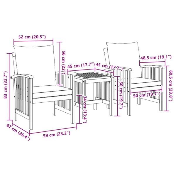 3-teiliges Gartenlounge-Set mit Kissen aus massivem Akazienholz