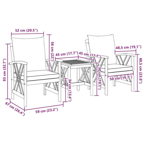 3-teiliges Gartenlounge-Set mit Kissen aus massivem Akazienholz