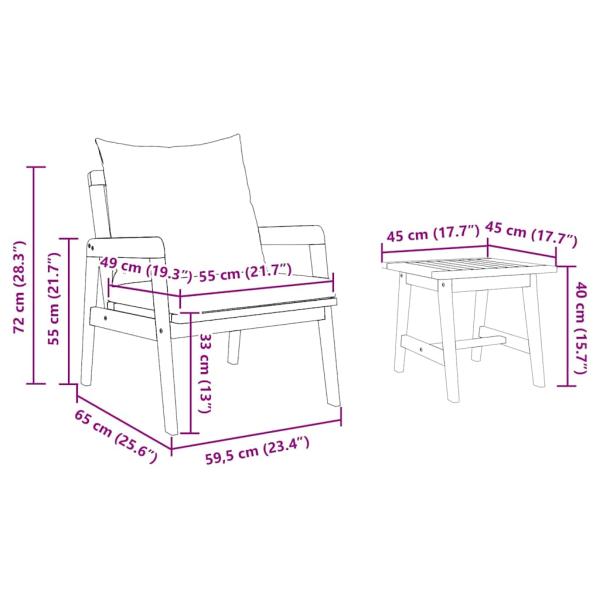 Bistro-Set mit Kissen aus massivem Akazienholz, 3-teilig