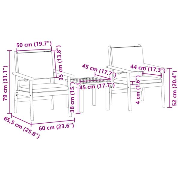 3-teiliges Garten-Bistro-Set mit Kissen aus massivem Akazienholz