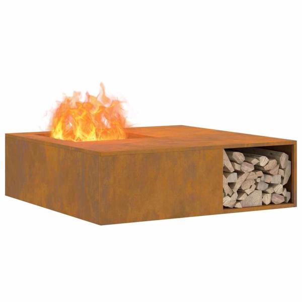 Feuerstelle mit Holzlager 100x100x30 cm Wetterstahl