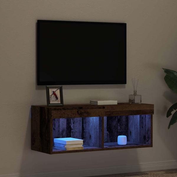 TV-Wandregal mit LED-Lichtern aus altem Holz 80x30x30 cm
