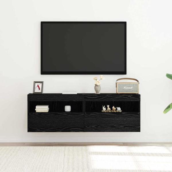TV-Wandanlagen mit LED-Leuchten 2 Stück Schwarz Eiche 60x30x40 cm