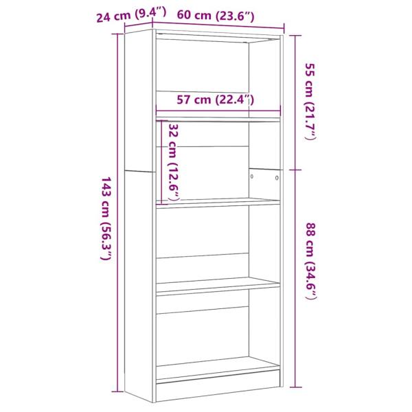 Schwarze Eichen-Bücherregal - 60 x 24 x 143 cm - Hergestellt aus Holzwerkstoff