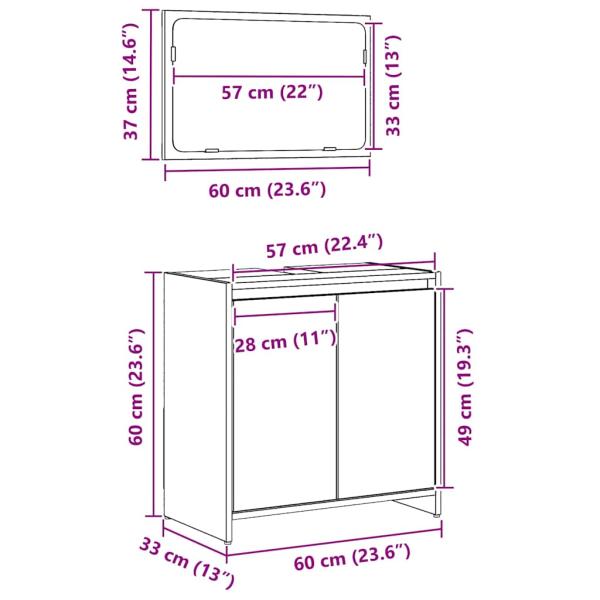 Badschrank mit Spiegel in Schwarz und Eiche 60x33x61 cm, aus Holzwerkstoff