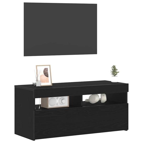 TV-Schrank mit LED-Lichtern, Schwarz, Eiche, 90x35x40 cm, Holzwerkstoff