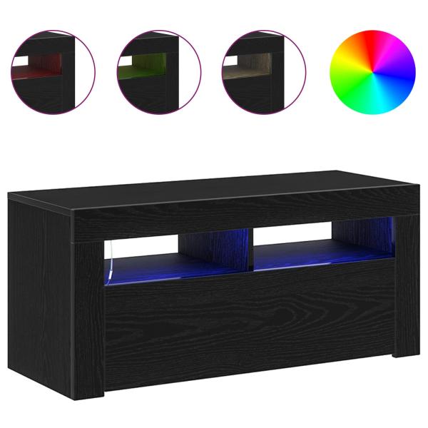 TV-Schrank mit LED-Lichtern, schwarz und Eiche, 90x39x30 cm, Holzwerkstoff