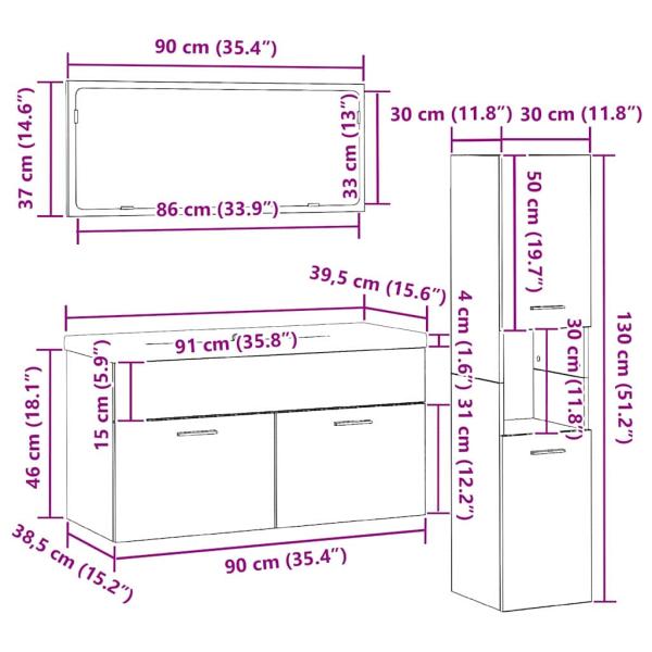 Badezimmermöbel-Set Set aus 3 Schwarz-Eiche Holzwerkstoff Slim