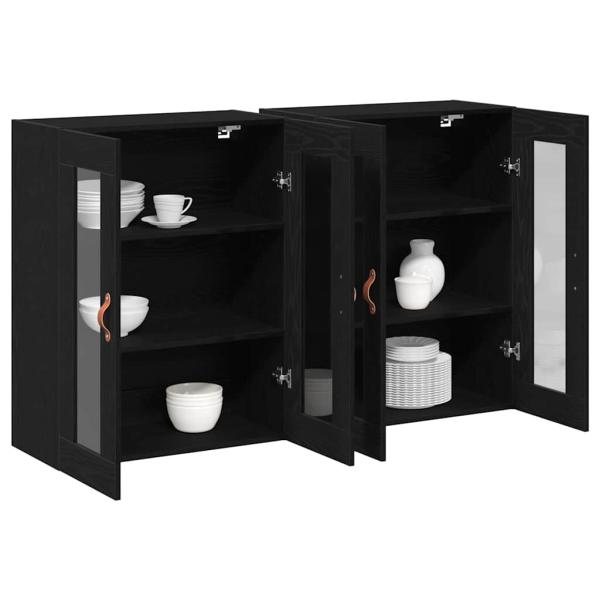 Wandmontierter Schrank Set aus 2 Schwarze Eiche Massivholz, Glas