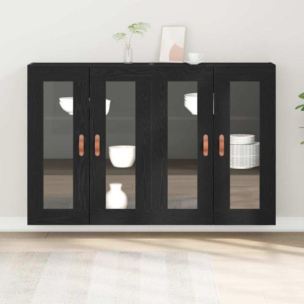 Wandmontierter Schrank Set aus 2 Schwarze Eiche Massivholz, Glas