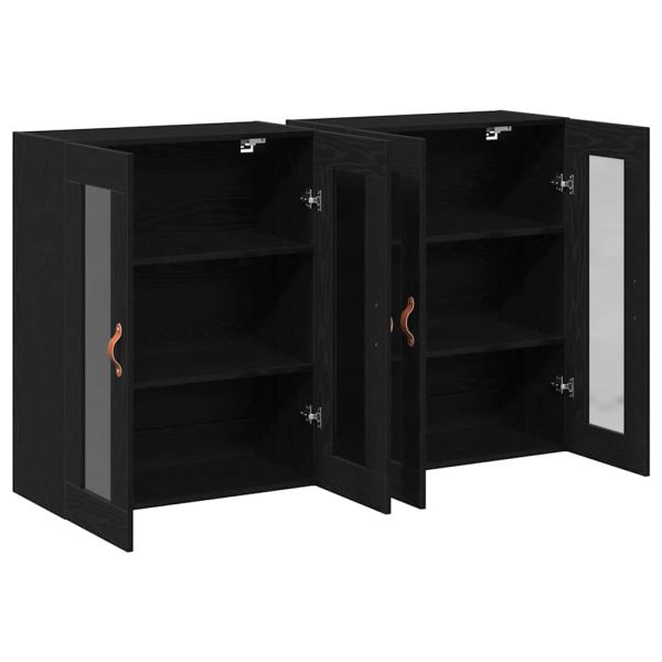 Wandmontierter Schrank Set aus 2 Schwarze Eiche Massivholz, Glas