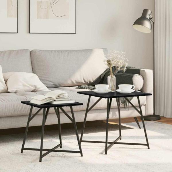 ARDEBO.de - Beistelltisch 2er Set Schwarz Eichenholz, bearbeitetes Holz und Metall