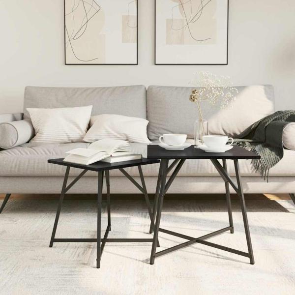 Beistelltisch 2er Set Schwarz Eichenholz, bearbeitetes Holz und Metall