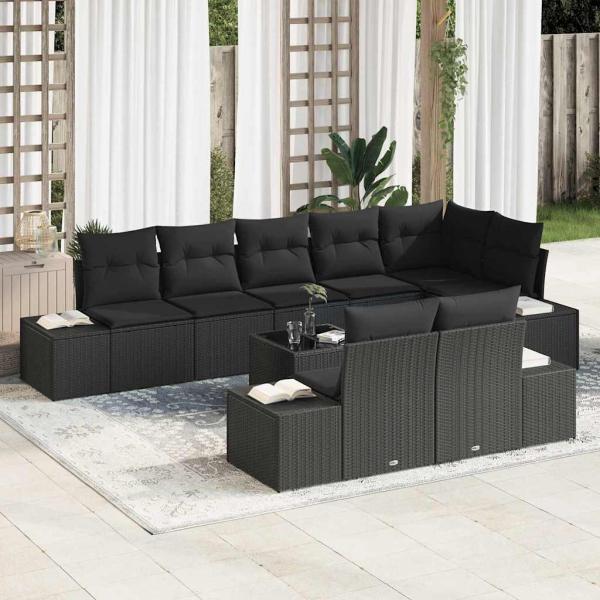 ARDEBO.de - Garten Sofa Set Set aus 9 Schwarz Rattan mit Polyesterkissen