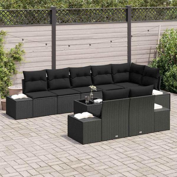 Garten Sofa Set Set aus 9 Schwarz Rattan mit Polyesterkissen