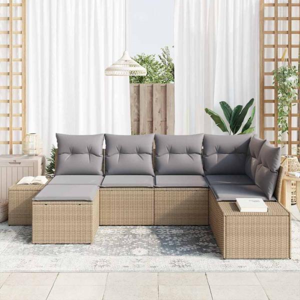 Garten-Sofa-Set 6-teilig Beige und Grau Rattan, Polyesterkissen