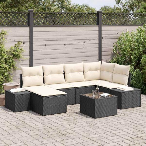 ARDEBO.de - Garten-Sofa-Set Set aus 7 Schwarz und Creme Rattan, Polyester