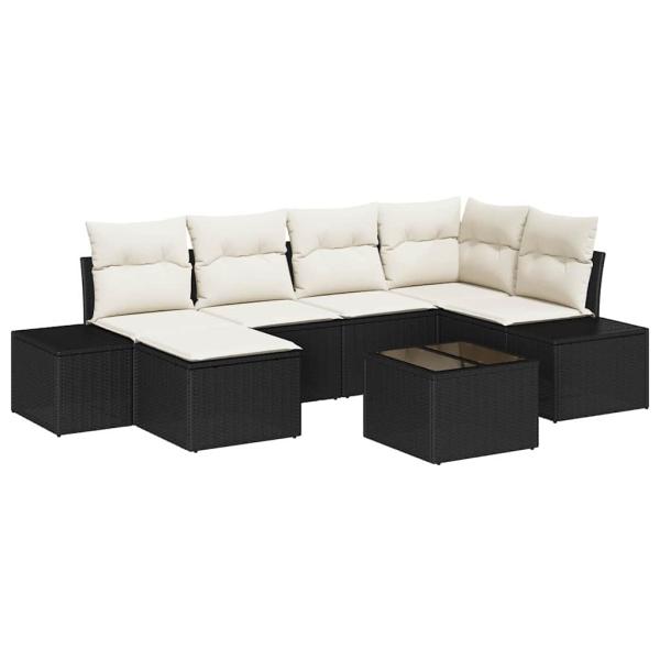 Garten-Sofa-Set Set aus 7 Schwarz und Creme Rattan, Polyester