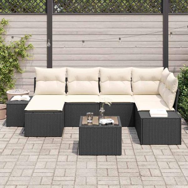 Garten-Sofa-Set Set aus 7 Schwarz und Creme Rattan, Polyester