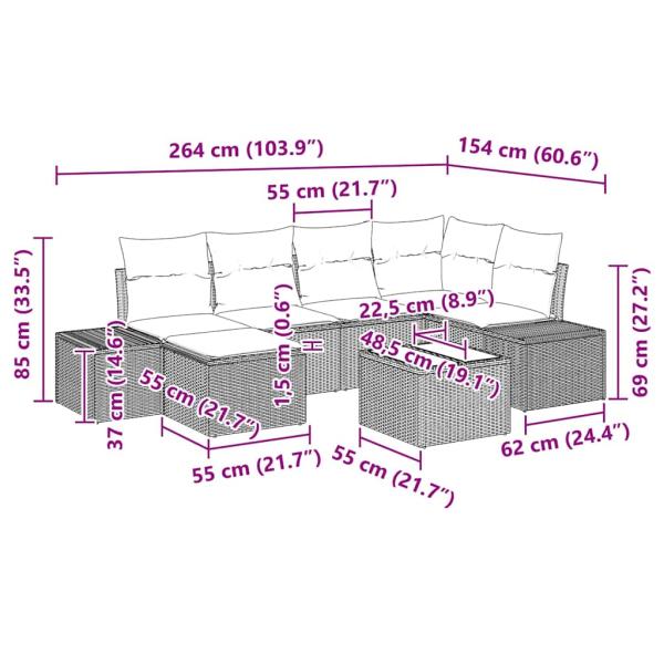 Garten-Sofa-Set Set aus 7 Schwarz und Creme Rattan, Polyester