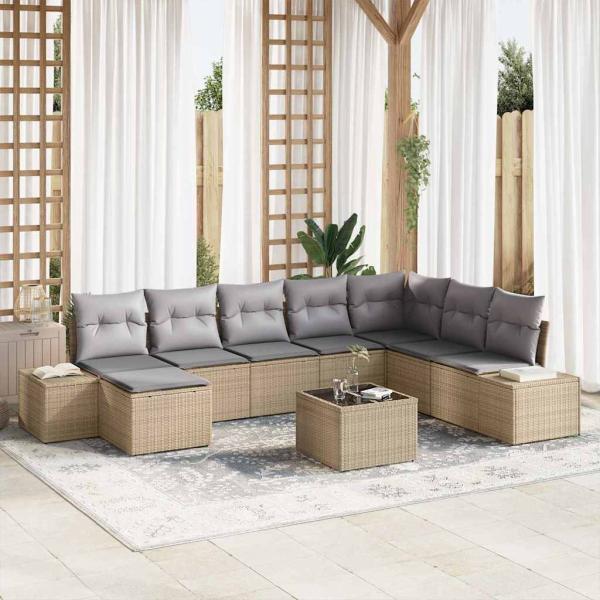 ARDEBO.de - Garten Sofa Set Set aus 9 Beige und Grau Rattan und Stoff