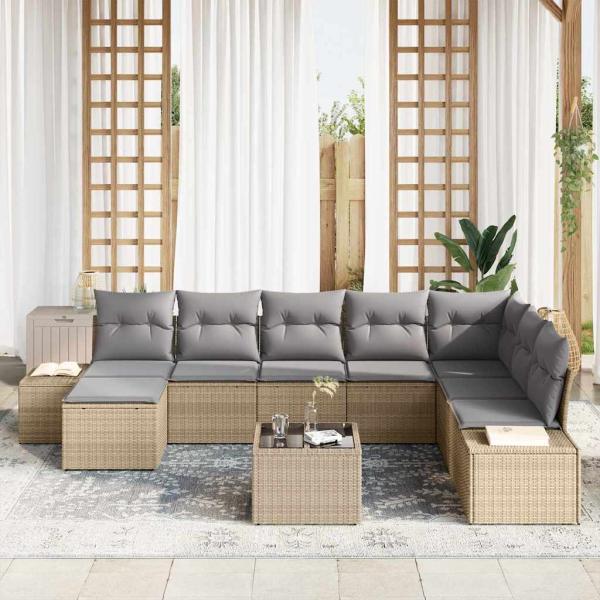 Garten Sofa Set Set aus 9 Beige und Grau Rattan und Stoff