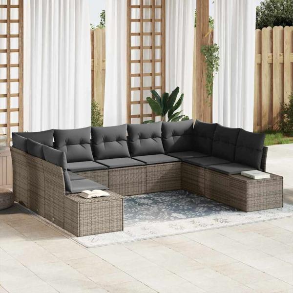 ARDEBO.de - Garten-Sofa Set 9 Teile Grau Rattan Garten-Sofa Rechteckig