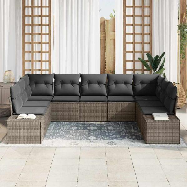 Garten-Sofa Set 9 Teile Grau Rattan Garten-Sofa Rechteckig