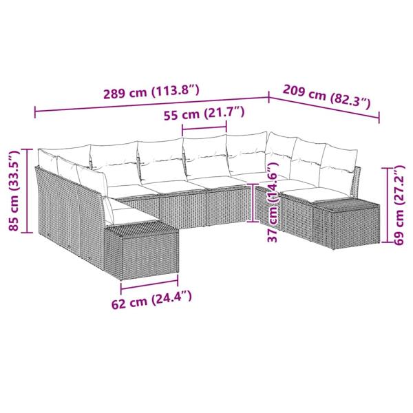 Garten-Sofa Set 9 Teile Grau Rattan Garten-Sofa Rechteckig