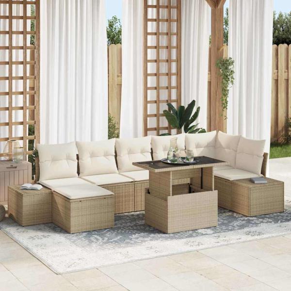 ARDEBO.de - Garten-Sofa-Set 8-teilig Beige Rattan, Polyester, Glas Rechteckig