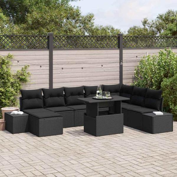 ARDEBO.de - Garten Sofa Set Set aus 9 Schwarz Rattan, Polyesterkissen