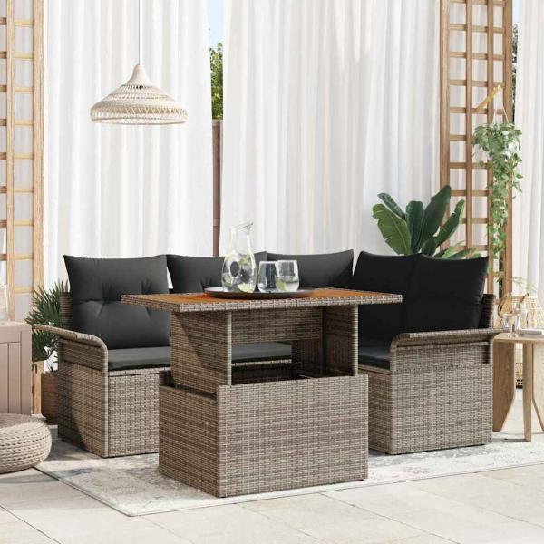 ARDEBO.de - Garten Sofa Set 5 Teile Grau, Braun, Schwarz Rattan, Stahl