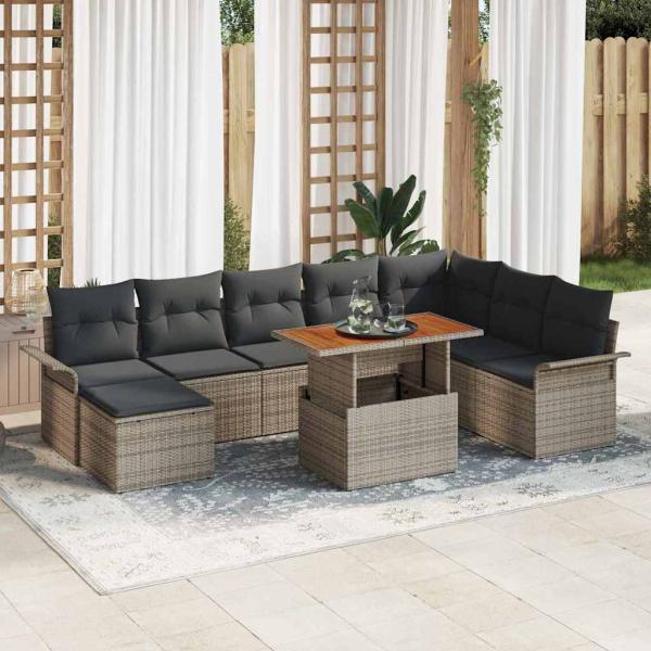 ARDEBO.de - Garten Sofa Set 9 Teile Grau Rattan Garten Esszimmer Set