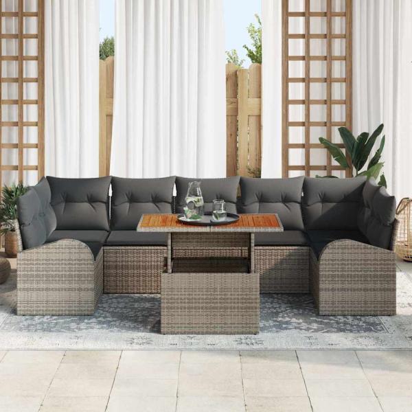 Garten-Sofa-Set 8 Teile Grau, Braun Rattan, Polyester, Glas